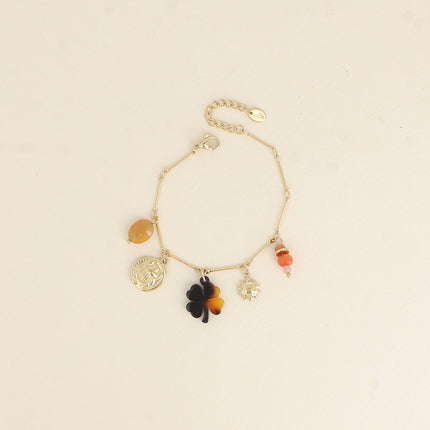 Bracelet - pendentifs (pierres naturelles, scarabée, soleil, trèfle en résine léopard)