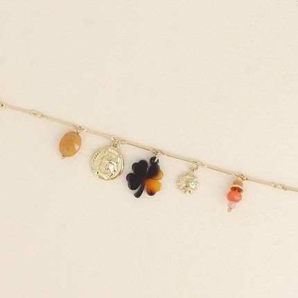 Bracelet - pendentifs (pierres naturelles, scarabée, soleil, trèfle en résine léopard)