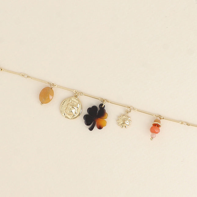 Bracelet - pendants (natural stones, scarab, sun, resin clover leopard)