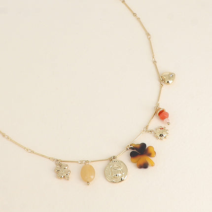 Collier - pendentifs (pierres naturelles, scarabée, soleil, trèfle en résine léopard, trèfle)