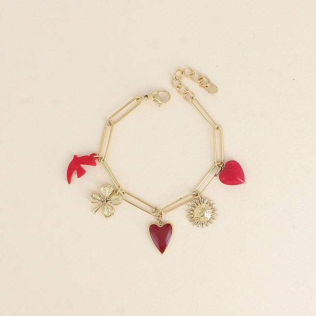 Bracelet - pendants (hammered heart, resin bird, enamel heart, flower, natural stone heart)