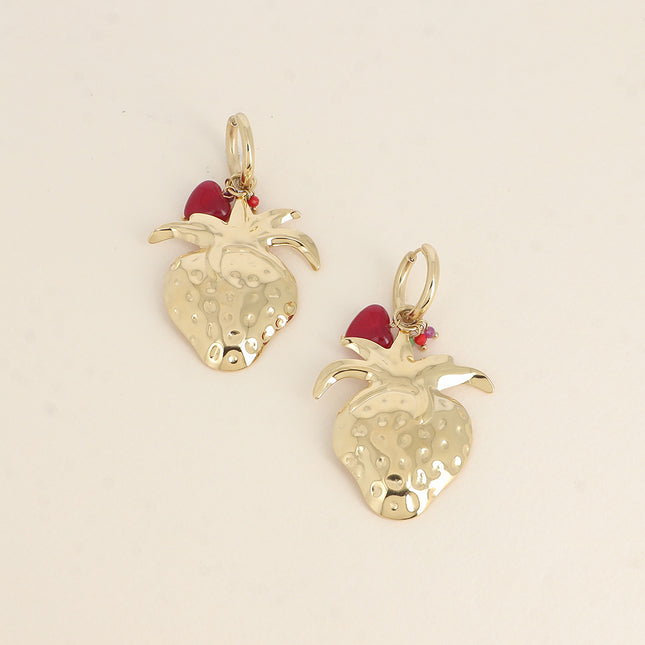 Hoop earrings - strawberry pendant, small natural stones and heart-shaped pearl