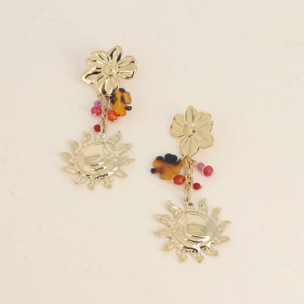 Boucles pendantes - 3 pièces et chaîne (fleur, soleil, trèfle en résine)