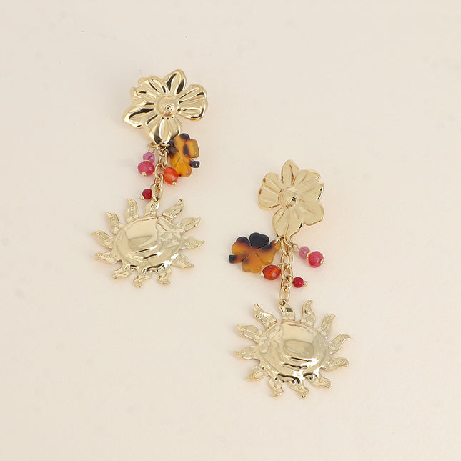 Dangle earrings - 3 pieces and chain (resin flower, sun, clover)