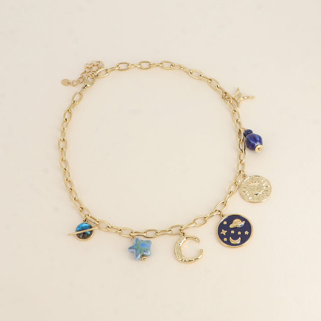 Necklace - chain with elongated oval rings, crescent moon, ceramic beads, enameled starry sky, sun