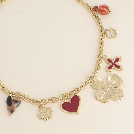 Collier - trèfles, coeurs, émail, résine léopard, céramique