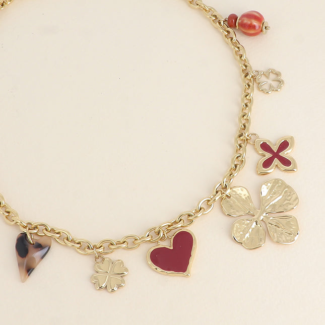 Necklace - clovers, hearts, enamel, leopard resin, ceramic