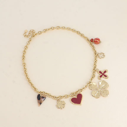 Collier - trèfles, coeurs, émail, résine léopard, céramique