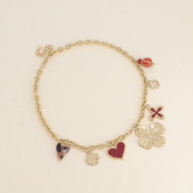 Necklace - clovers, hearts, enamel, leopard resin, ceramic