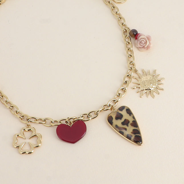Necklace - scarab, openwork clover, leopard print resin hearts, rose, sun and pearls