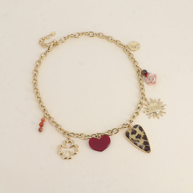 Necklace - scarab, openwork clover, leopard print resin hearts, rose, sun and pearls