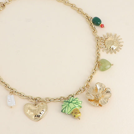 Collier - fleurs, palmier en céramique émaillée, coeurs en résine, perles