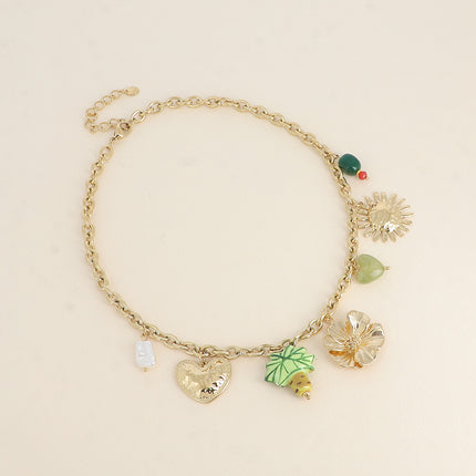 Collier - fleurs, palmier en céramique émaillée, coeurs en résine, perles