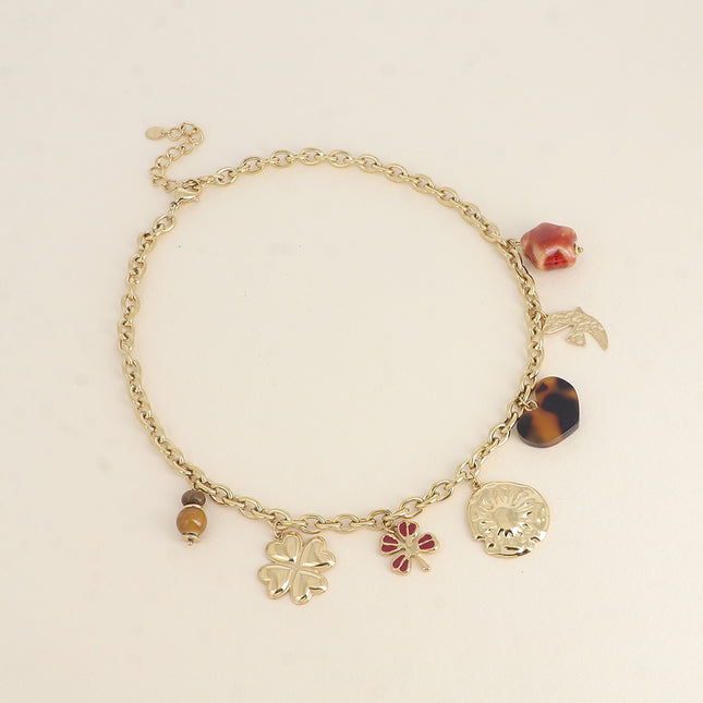Necklace - clovers with enamel, sun, leopard resin heart, hammered bird, glazed ceramic star