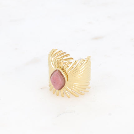 Bague large Edelyne - feuillage et pierre naturelle losange