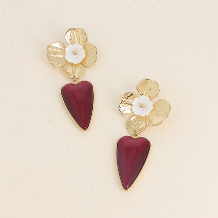 Dangle earrings - textured flower and pearly flower, resin heart piece