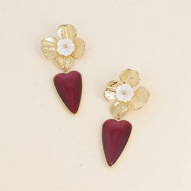 Dangle earrings - textured flower and pearly flower, resin heart piece