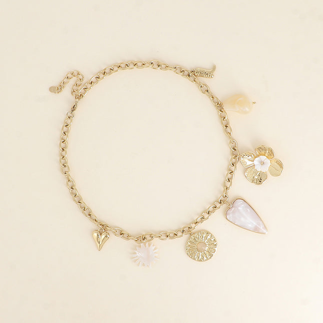 Louis necklace - heart, mother-of-pearl sun, hammered flower, resin heart, flower, resin pearl, boot