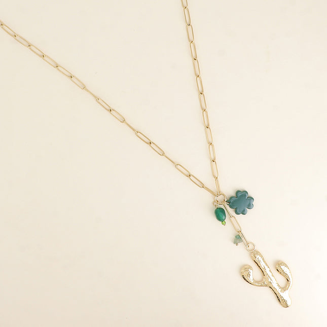 Necklace - cactus, resin clover and pearl