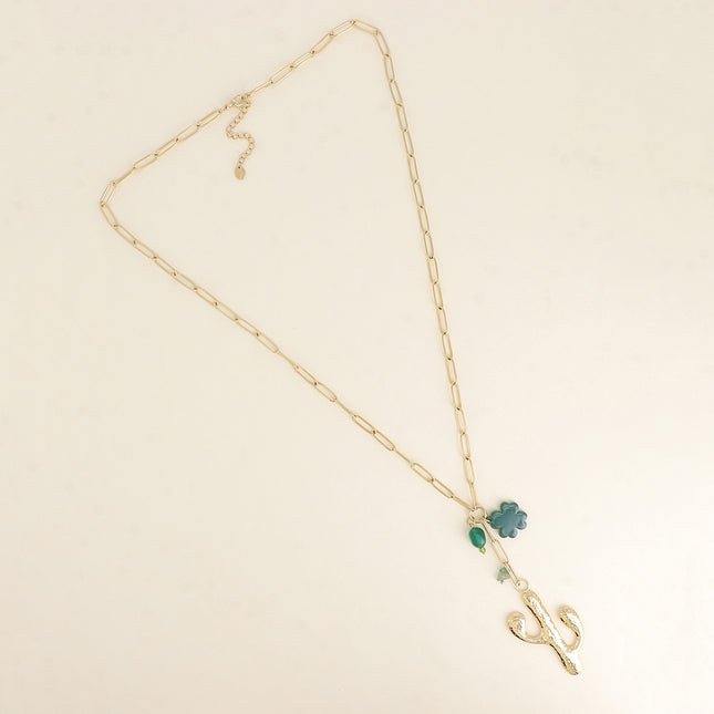 Necklace - cactus, resin clover and pearl
