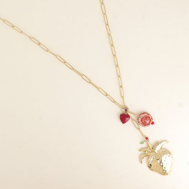 Collier - pendentif fraise, perle coeur et fleur en céramique émaillée