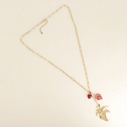 Collier - pendentif fraise, perle coeur et fleur en céramique émaillée