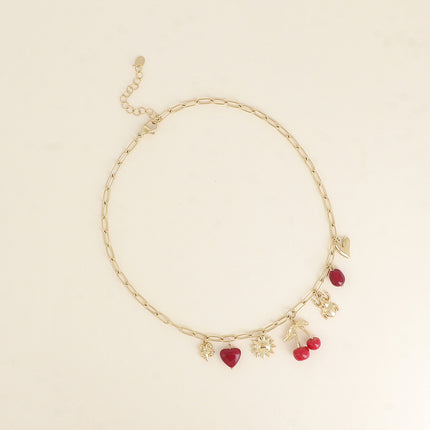Collier - trèfle, scarabée, soleil, cerise, perles, coeurs