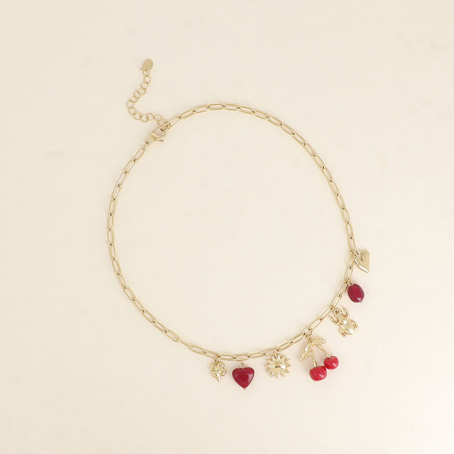 Collier - trèfle, scarabée, soleil, cerise, perles, coeurs