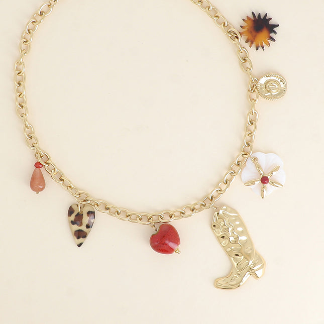 Necklace - beaded teardrop, leopard heart, glazed ceramic heart, boot, mother-of-pearl flower, star, hat, leopard resin sun