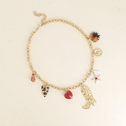 Collier - goutte perlée, coeur léopard, coeur en céramique émaillée, botte, fleur nacrée, étoile, chapeau, soleil en résine léopard