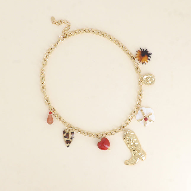 Necklace - beaded teardrop, leopard heart, glazed ceramic heart, boot, mother-of-pearl flower, star, hat, leopard resin sun