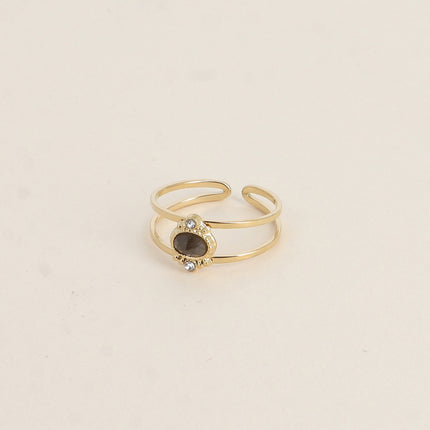Bague Cléo - 2 anneaux, oxydes de zirconium et pierre naturelle ovale