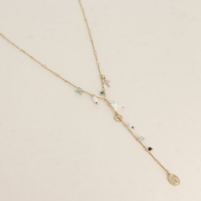 Collier en Y - breloques (la Madone, pierres naturelles, croix nacrée, croix avec oxydes de zirconium)
