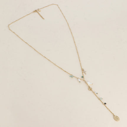 Collier en Y - breloques (la Madone, pierres naturelles, croix nacrée, croix avec oxydes de zirconium)