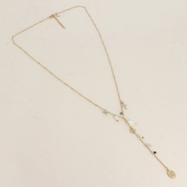 Collier en Y - breloques (la Madone, pierres naturelles, croix nacrée, croix avec oxydes de zirconium)