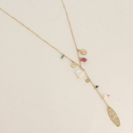 Collier en Y - breloques (Palmier, pierres naturelles, coeur nacré, coquillage, soleil)
