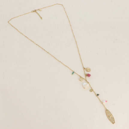 Collier en Y - breloques (Palmier, pierres naturelles, coeur nacré, coquillage, soleil)