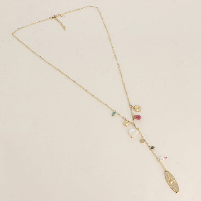 Y-shaped necklace - charms (Palm tree, natural stones, mother-of-pearl heart, seashell, sun)