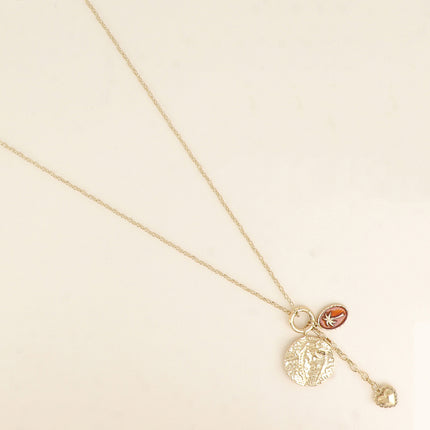 Sautoir - anneau et pendentif Palmier en émail, médaillon rond texturé et coeur