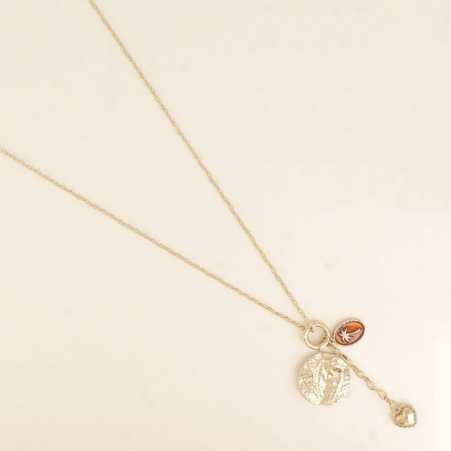 Long necklace - ring and pendant with an enamel palm tree, textured round medallion and heart