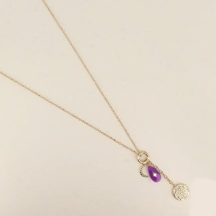 Sautoir - anneau et pendentif médaillon galactique, pierre naturelle goutte avec étoile et croissant de lune