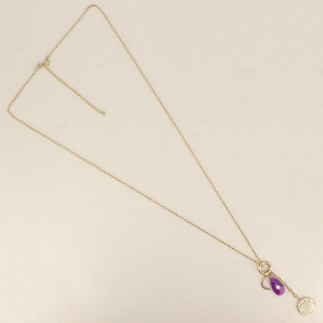 Long necklace - ring and galactic medallion pendant, natural teardrop stone with star and crescent moon