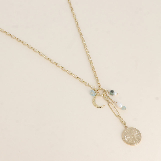 Y-shaped necklace - charms (galactic medallion, natural stones and crescent moon)