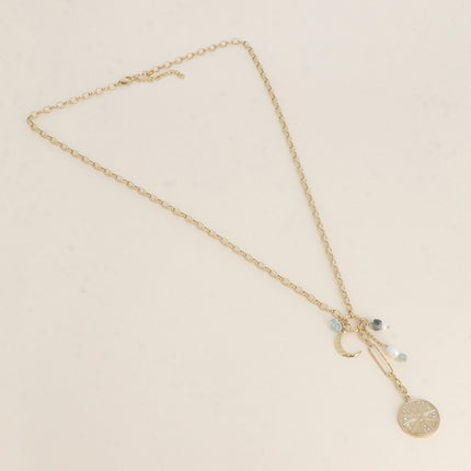 Collier en Y - breloques (médaillon galactique, pierres naturelles et croissant de lune)