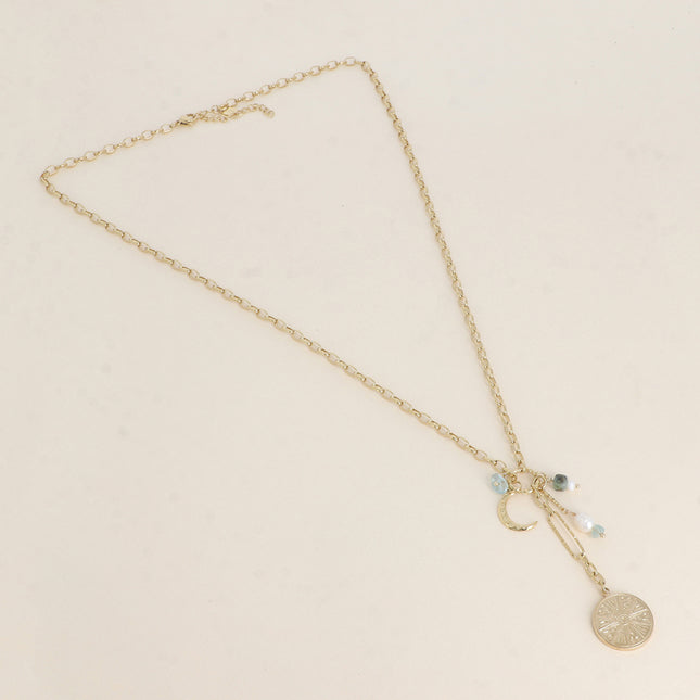 Y-shaped necklace - charms (galactic medallion, natural stones and crescent moon)