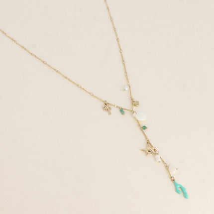 Collier en Y - breloques (perles de résine, palmier, coquillage nacré, branche de corail en émail)
