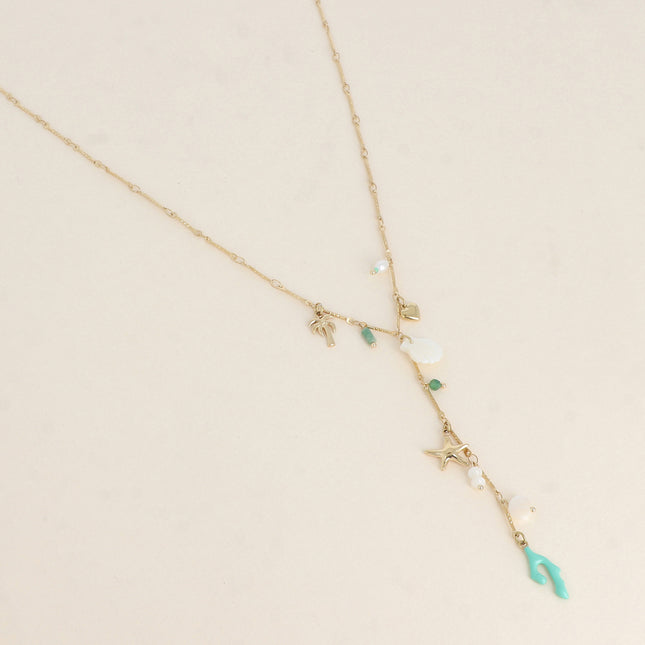 Y-shaped necklace - charms (resin beads, palm tree, mother-of-pearl shell, enameled coral branch)