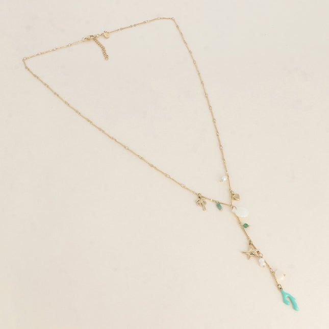 Y-shaped necklace - charms (resin beads, palm tree, mother-of-pearl shell, enameled coral branch)
