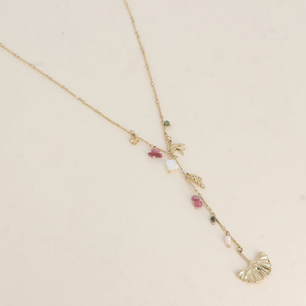 Collier en Y - breloques (ginko, pierres naturelles, trèfle nacré, feuille avec oxydes de zirconium, oiseau)