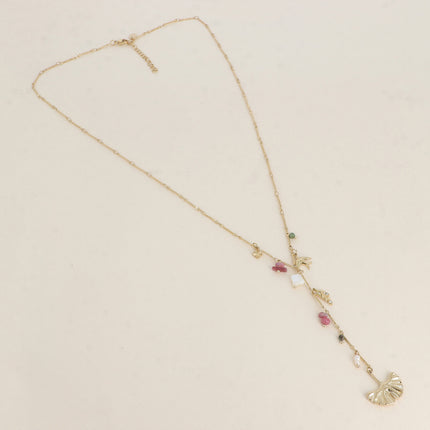 Collier en Y - breloques (ginko, pierres naturelles, trèfle nacré, feuille avec oxydes de zirconium, oiseau)